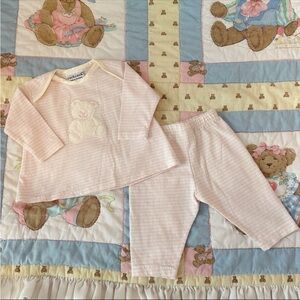Cachcach Vintage 100% Cotton Pink White Stripe Teddy Bear Matching Set 3 Months